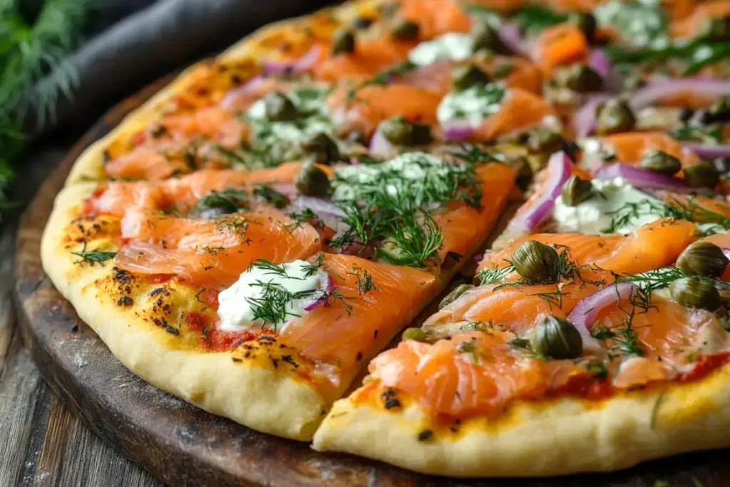 Gourmet pizza with salmon, capers, and red onions