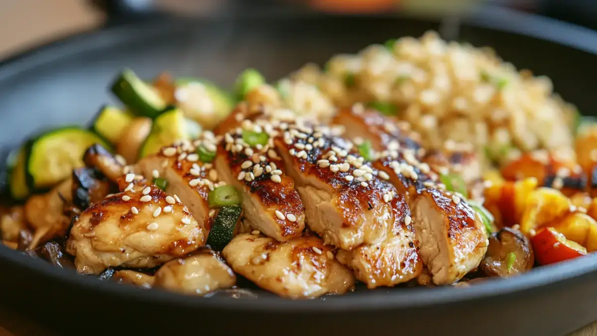 Plated hibachi chicken with fried rice and vegetables