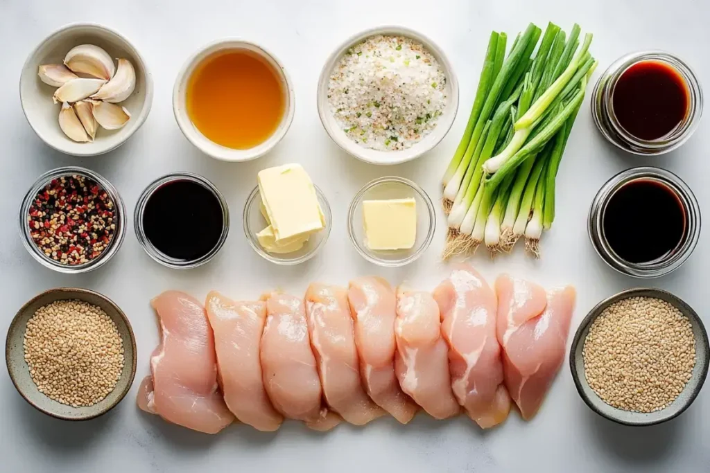 Ingredients for hibachi recipe including chicken, garlic, and soy sauce