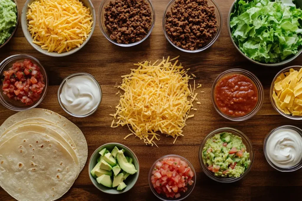 Taco casserole ingredients arranged on a kitchen counter