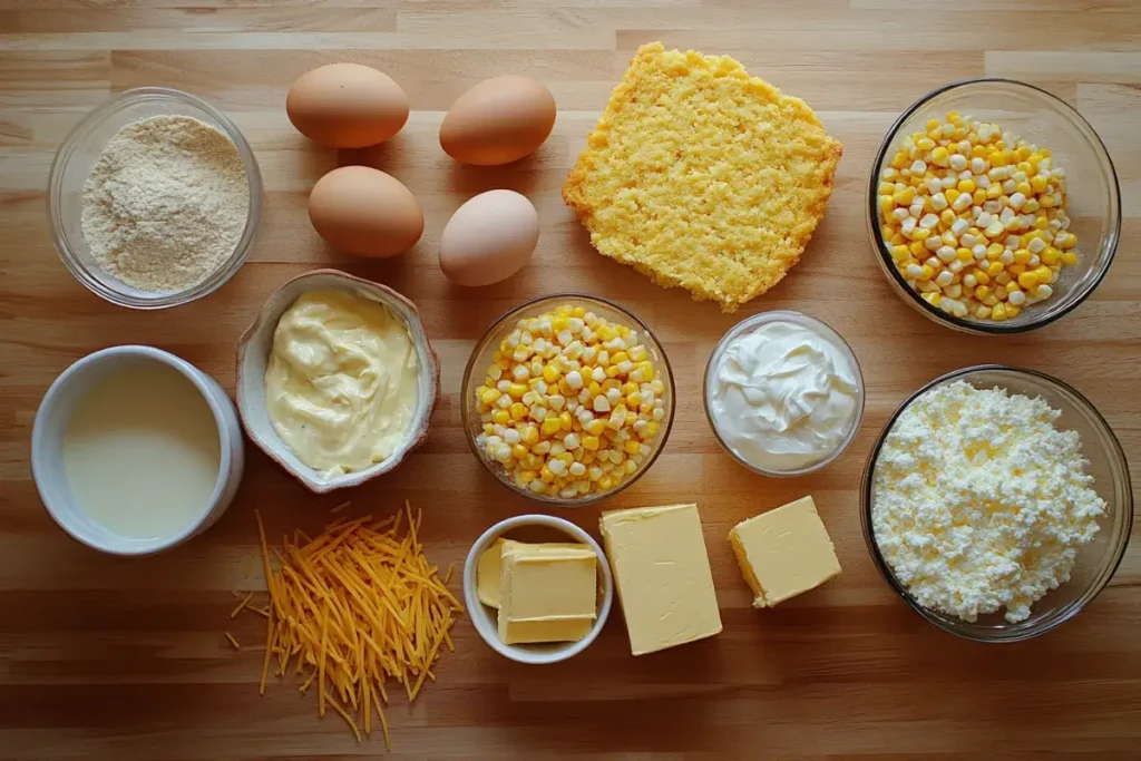 Flat-lay of ingredients for cornbread casserole including cornbread mix, creamed corn, sour cream, eggs, and cheese.