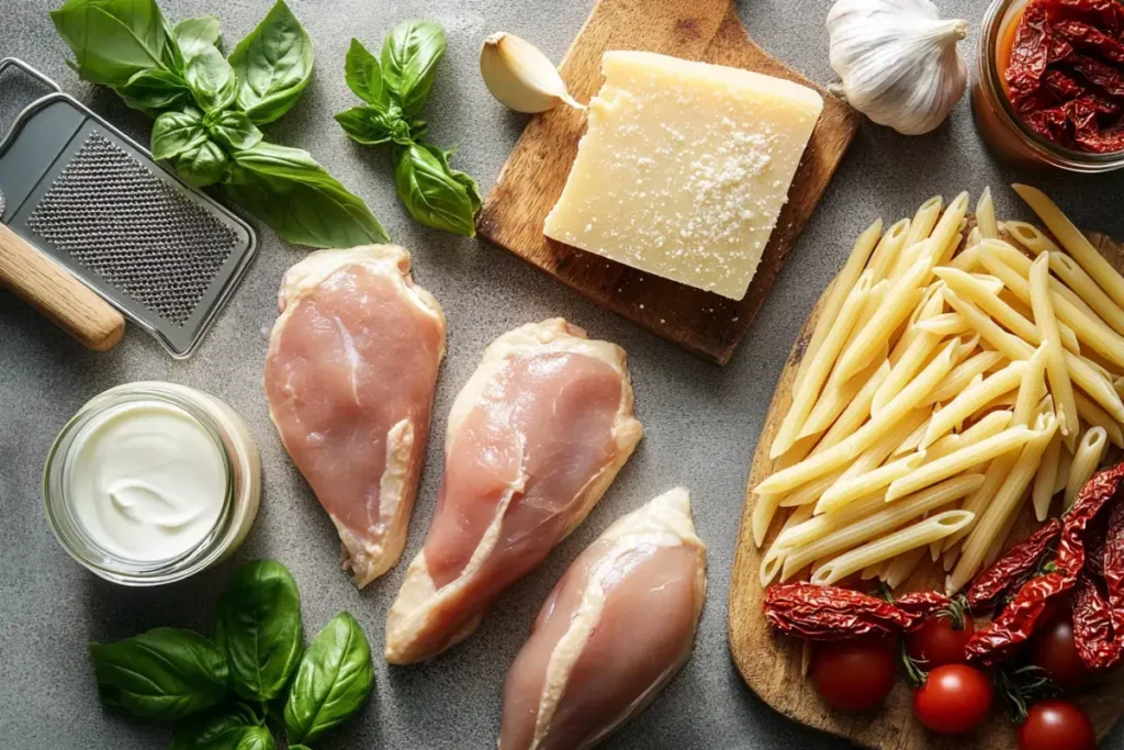 Ingredients for Marry Me Chicken Pasta including chicken, sun-dried tomatoes, and Parmesan