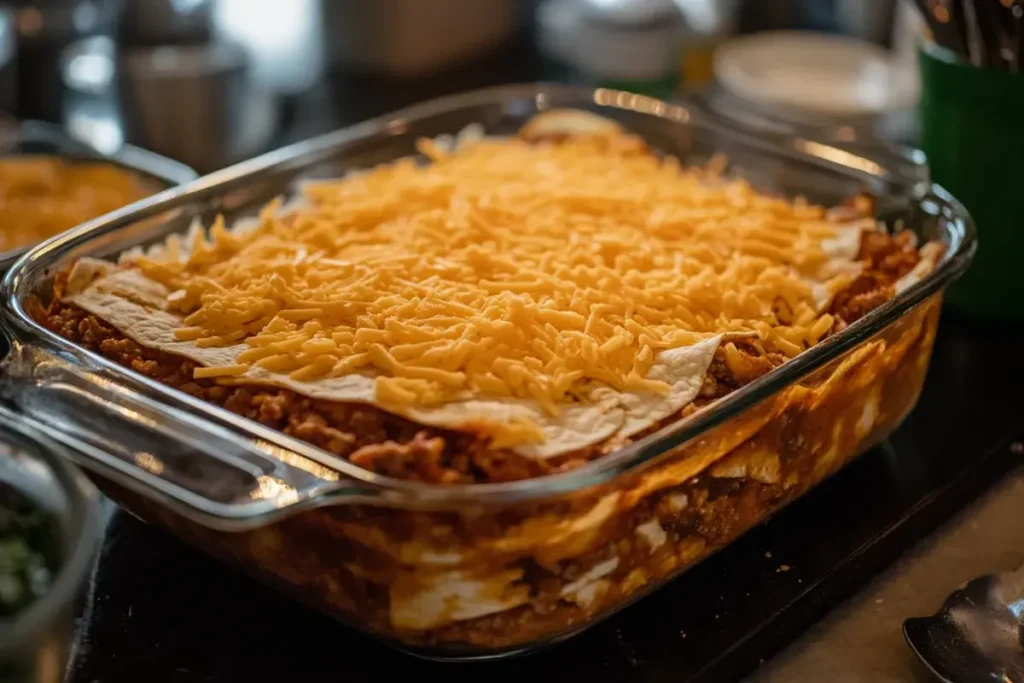 Layering tortillas, refried beans, and seasoned beef in a casserole dish