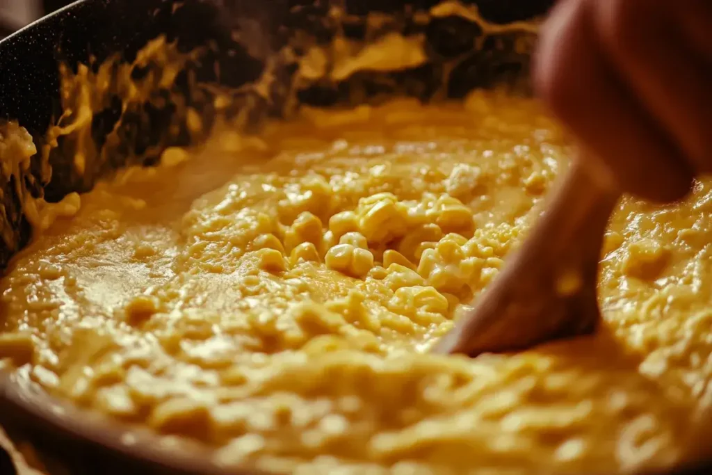 Mixing cornbread casserole batter in a bowl with a wooden spoon.