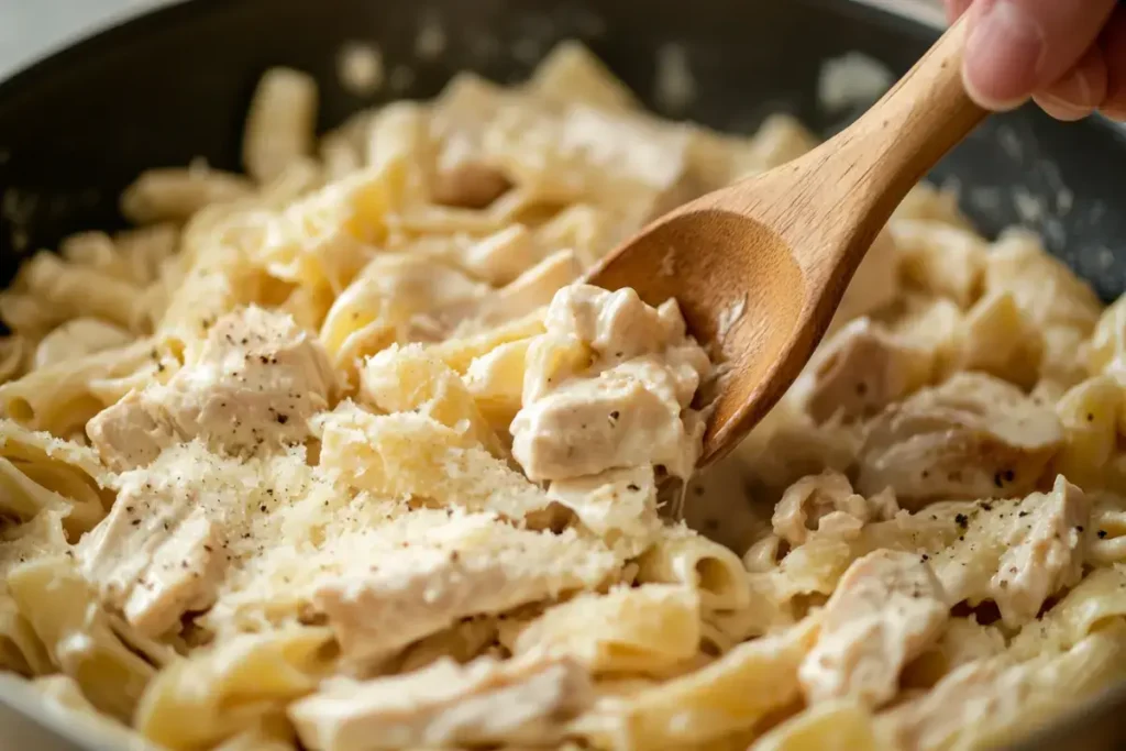 Pasta being tossed with creamy sauce and chicken in a skillet