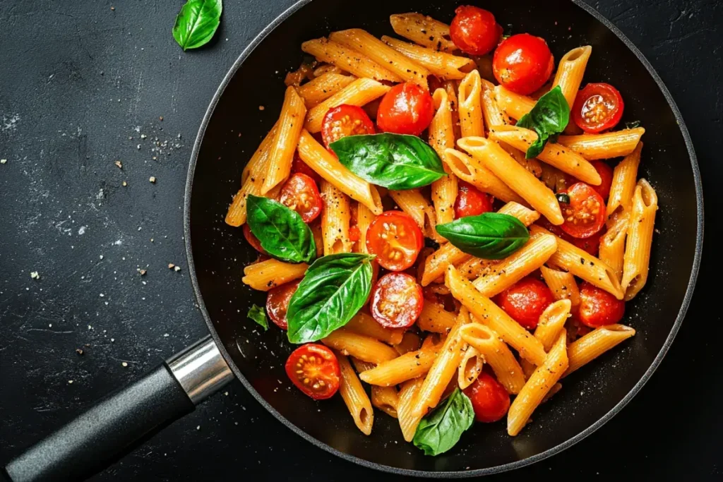 Penne pasta cooking with cherry tomatoes, garlic, and basil in a skillet.