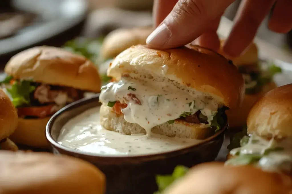 Dipping Buffalo Chicken Slider in Ranch Dressing