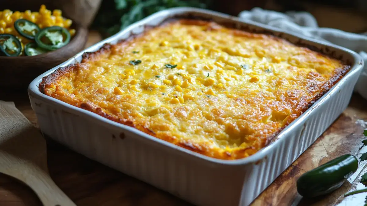 Golden brown cornbread casserole fresh out of the oven, ready to serve.