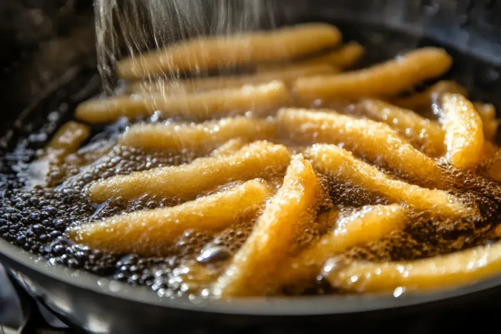 Piping funnel cake batter into hot oil for frying