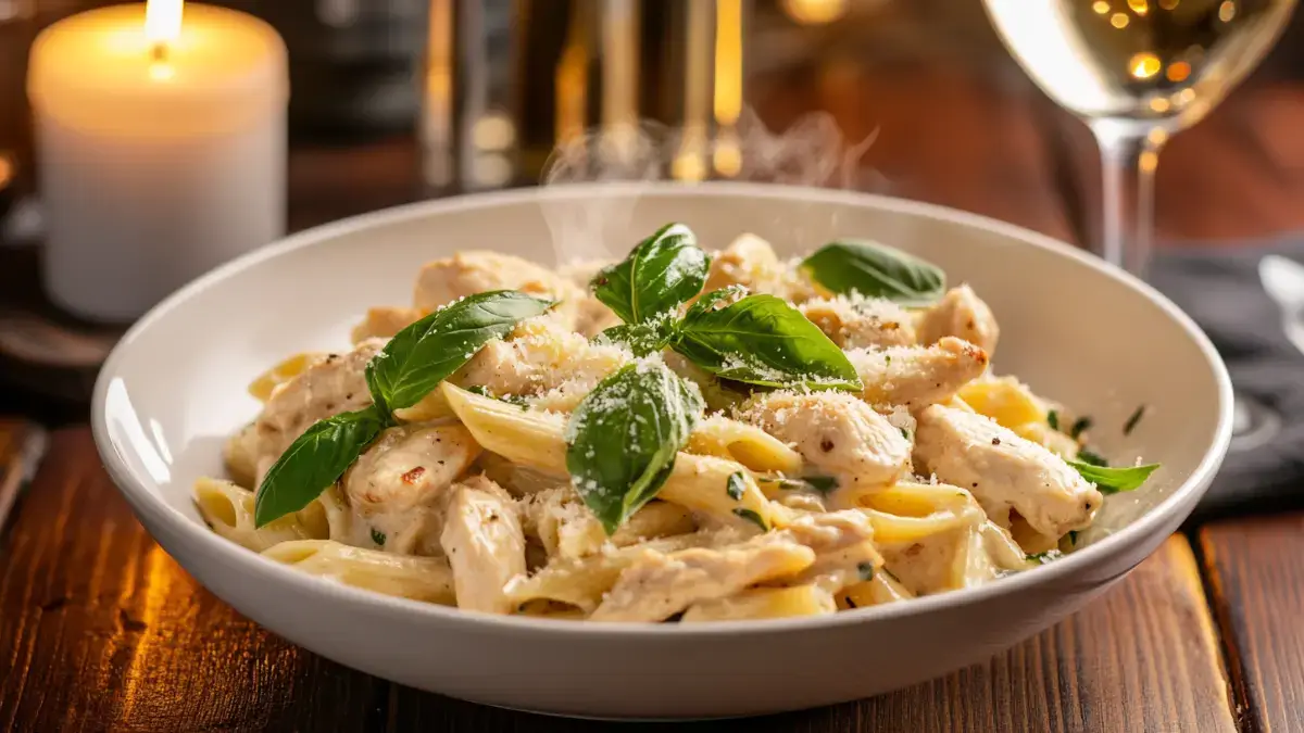 Plated Marry Me Chicken Pasta with fresh basil and Parmesan