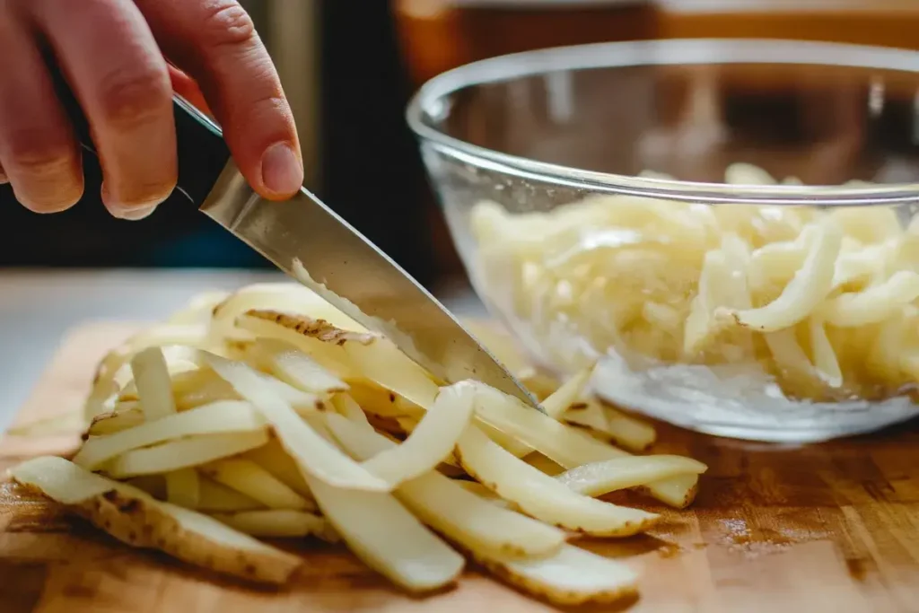 Cutting potatoes into strips and soaking them in cold water