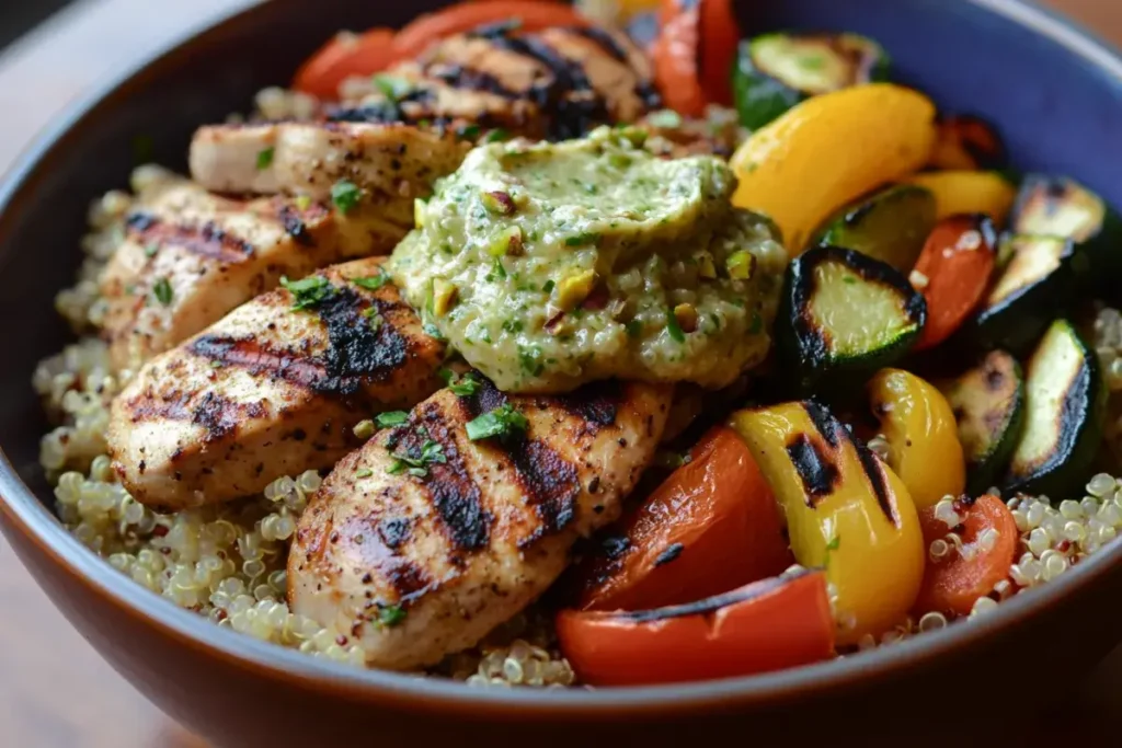 Quinoa bowl with grilled vegetables, chicken, and pistachio butter