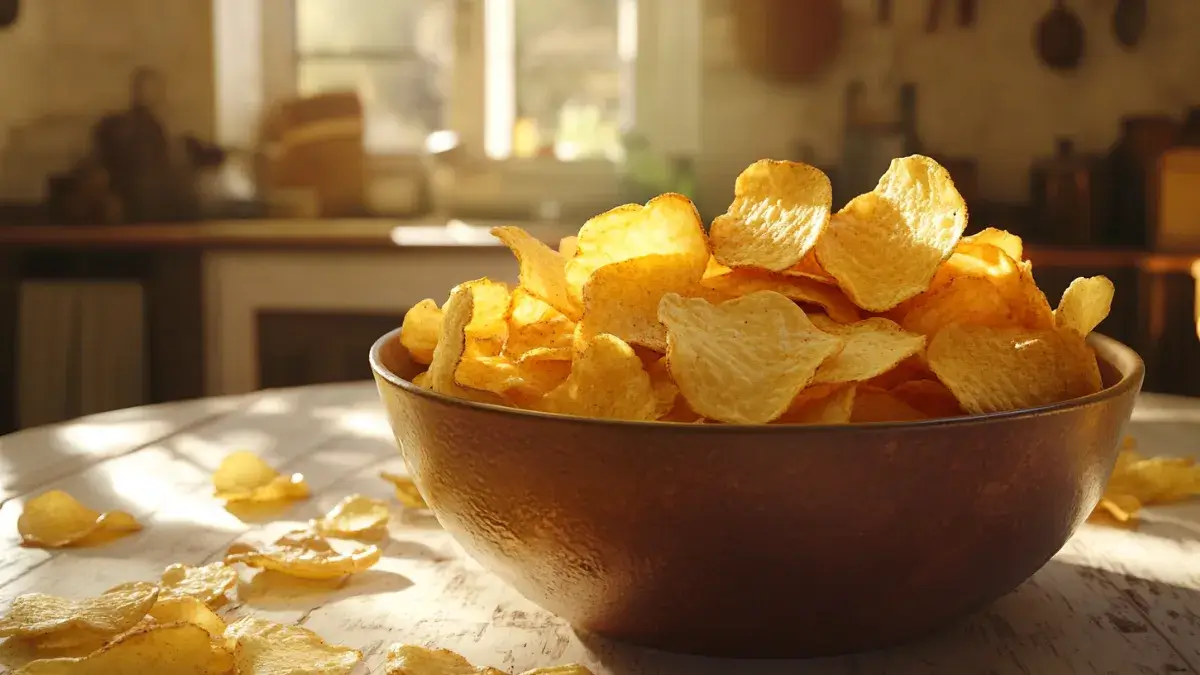 Bowl of Ruffles potato chips showcasing ridged texture