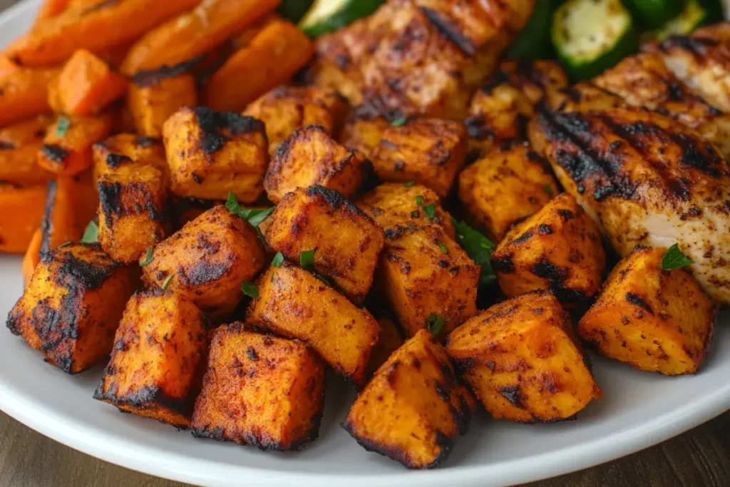 Crispy air fryer sweet potato cubes served with grilled chicken and roasted vegetables.