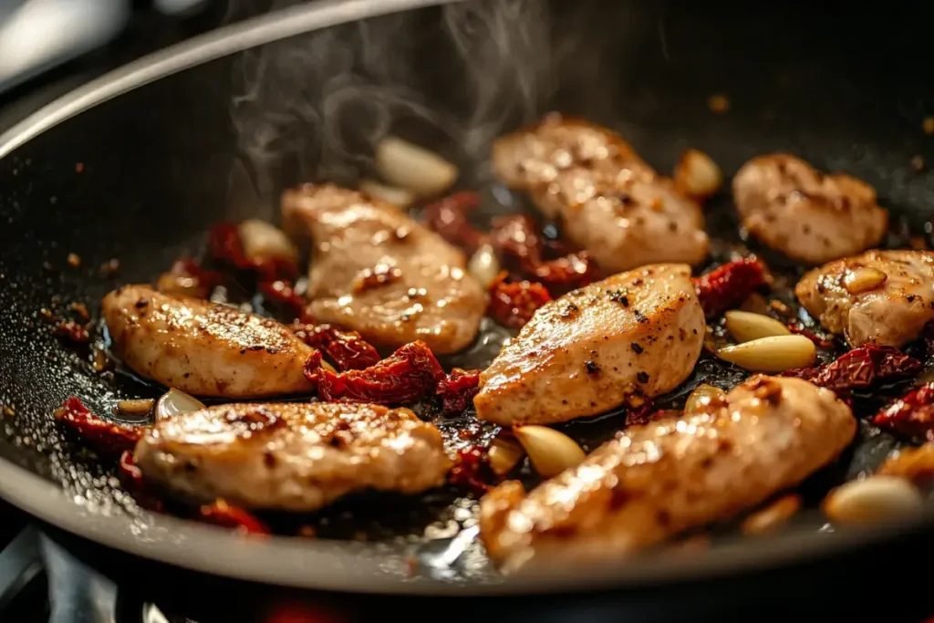 Chicken strips searing in a skillet with garlic and sun-dried tomatoes