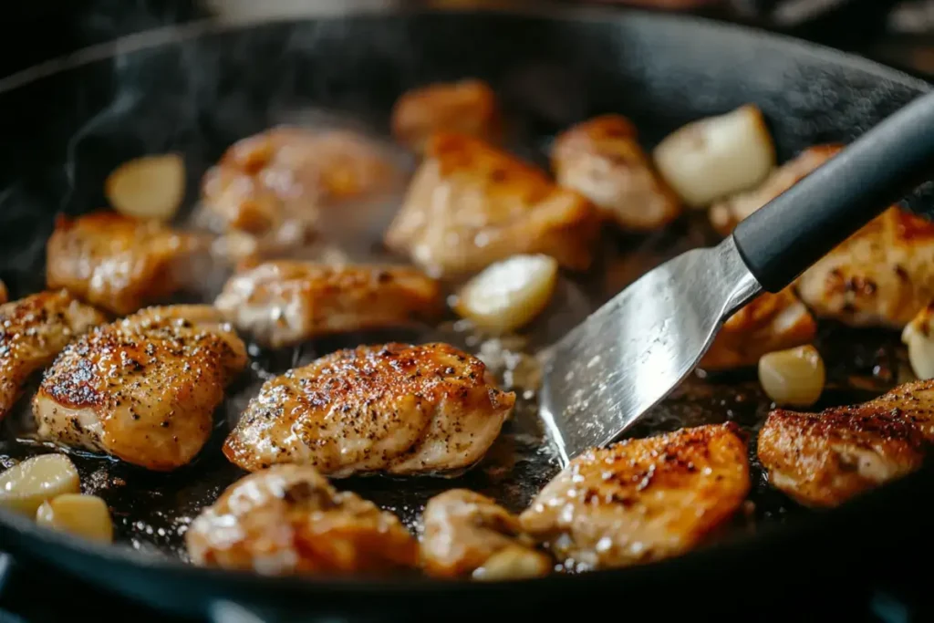 Searing hibachi chicken in a cast iron skillet