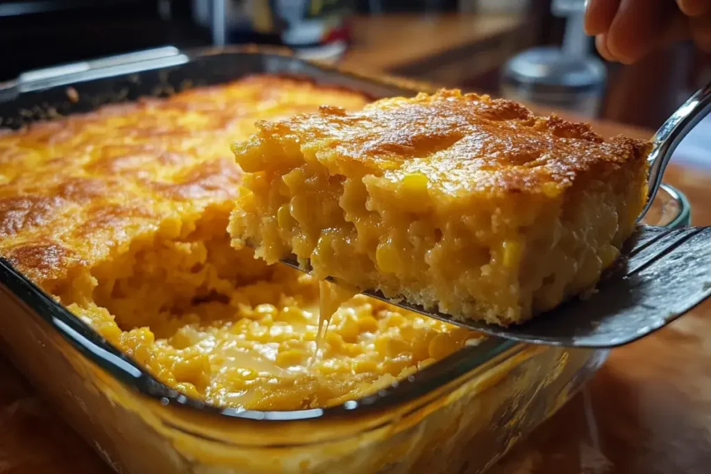 A slice of golden cornbread casserole being served from the dish.