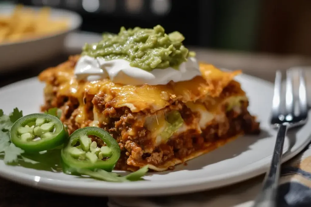 Plated serving of taco casserole with sour cream and guacamole