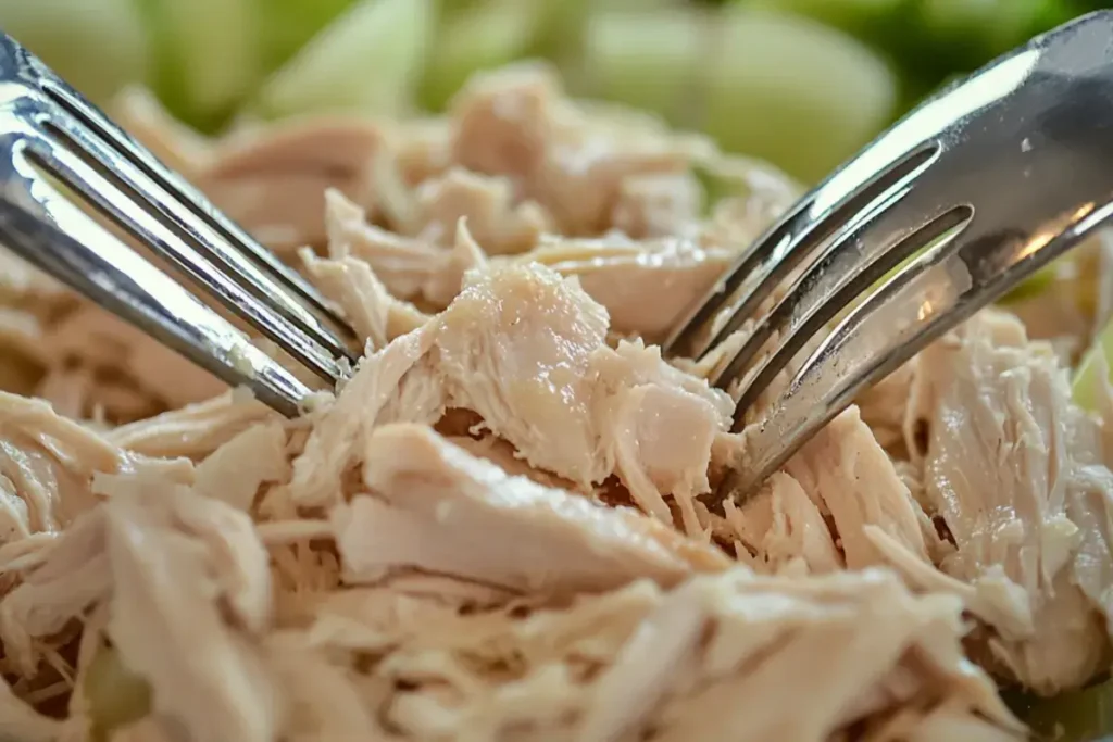 Close-up of shredded rotisserie chicken being prepared for 4-ingredient chicken salad.