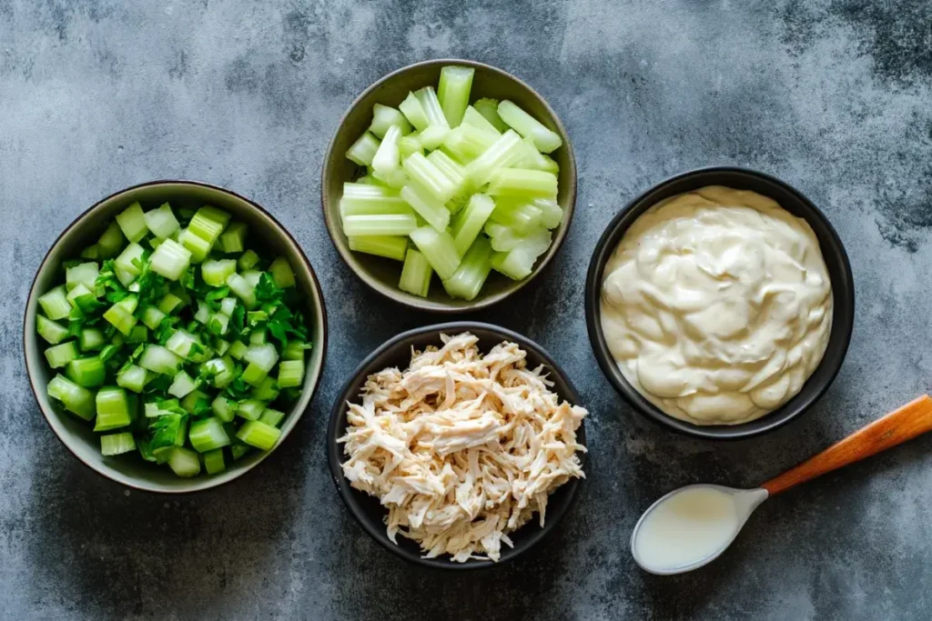 Key ingredients for 4-ingredient chicken salad – shredded chicken, mayonnaise, celery, and onions.