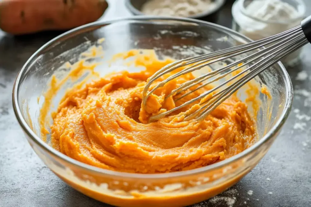 Mixing mashed sweet potatoes into bread batter.