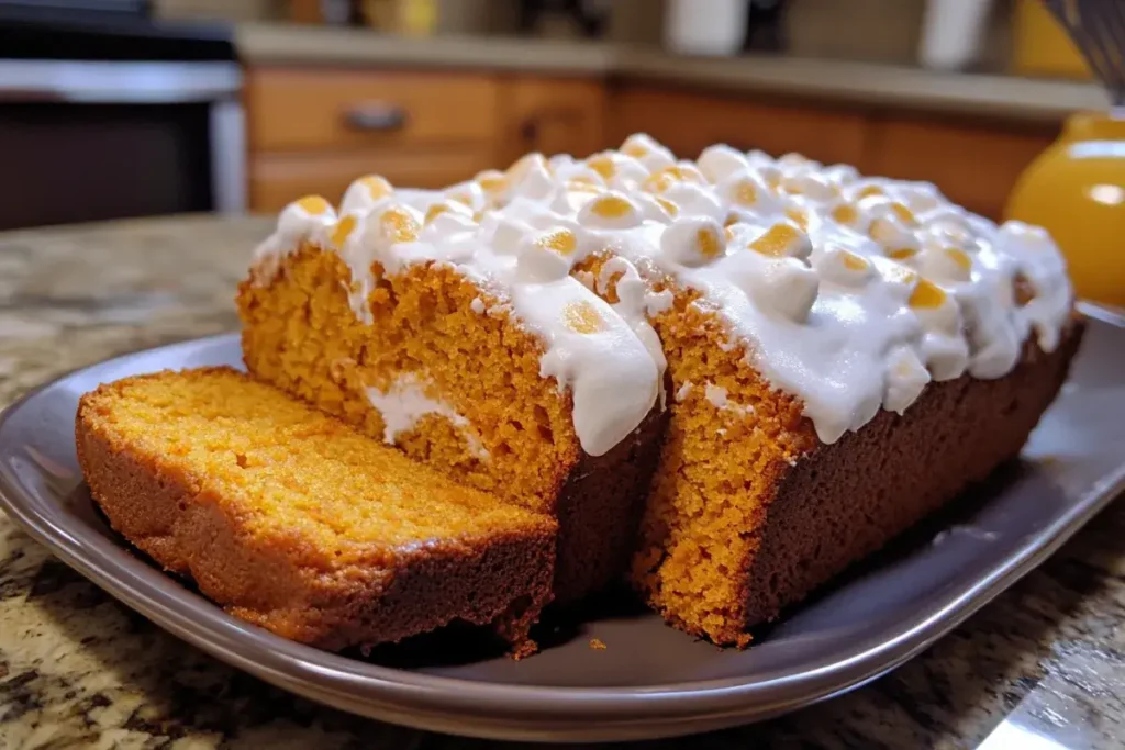 Sweet potato bread topped with toasted marshmallow frosting.