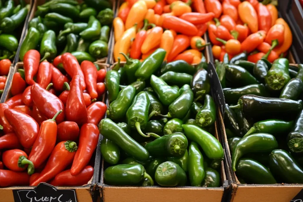 Green jalapenos, red jalapenos, and smoked chipotle peppers on display.