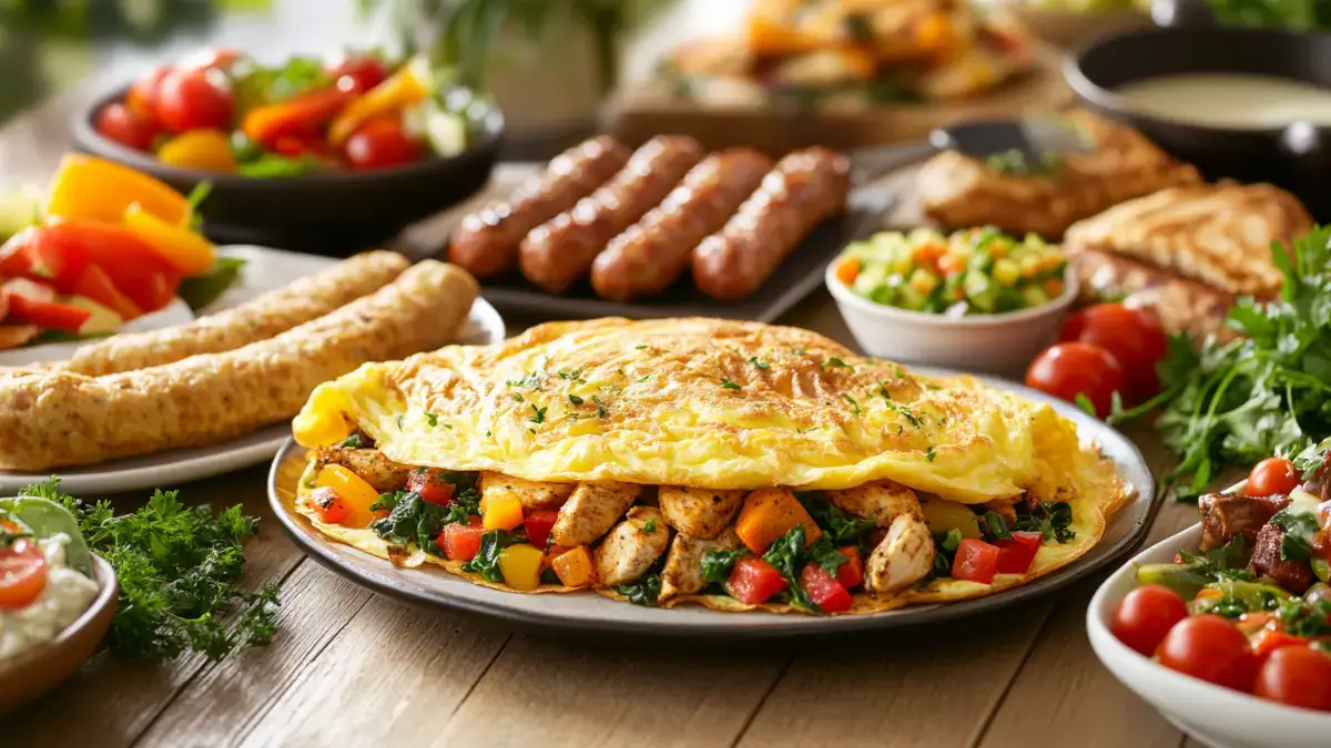 A cozy breakfast spread featuring a chicken omelet, chicken sausages, and grilled chicken breast slices, surrounded by fresh vegetables and herbs on a sunlit table.