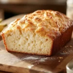 Golden loaf of 4 ingredient banana bread with bananas and sugar on a wooden board