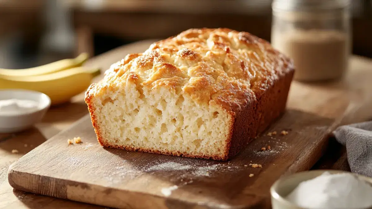 Golden loaf of 4 ingredient banana bread with bananas and sugar on a wooden board