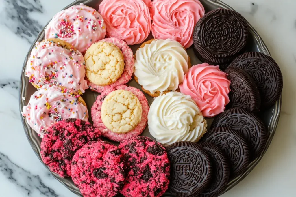 A spread of Crumbl cookie flavors including Pink Chilled Sugar, Oreo, and Red Velvet cookies.