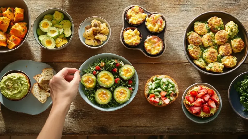 Assorted easy high protein breakfast options on a wooden table