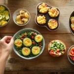 Assorted easy high protein breakfast options on a wooden table