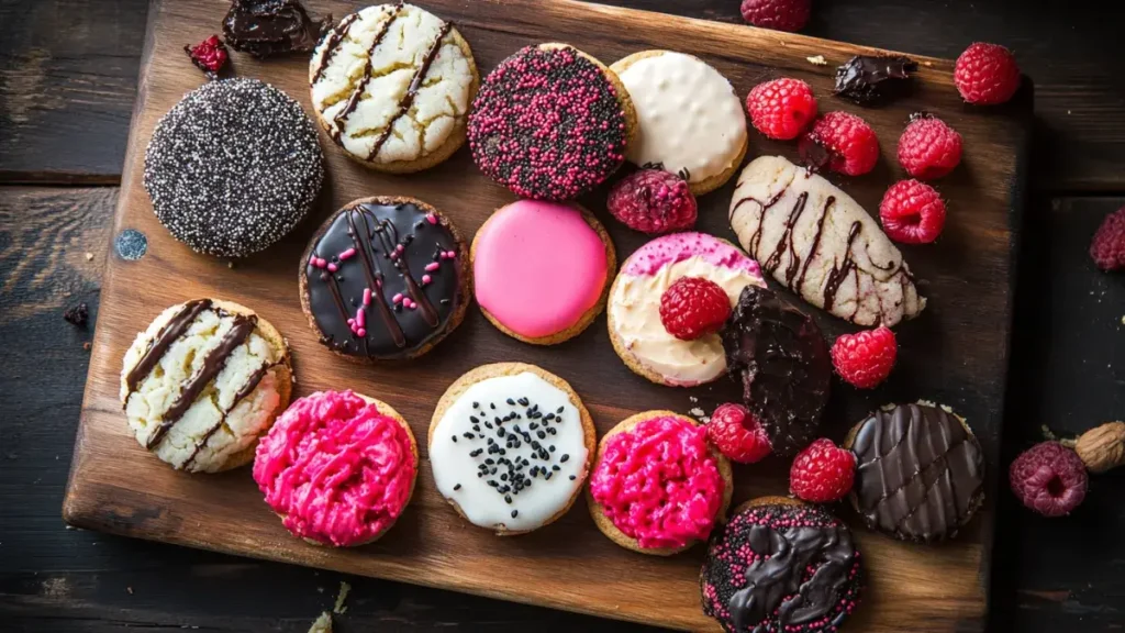 Assorted unique cookie recipes featuring raspberry cheesecake, funfetti, and black sesame cookies.