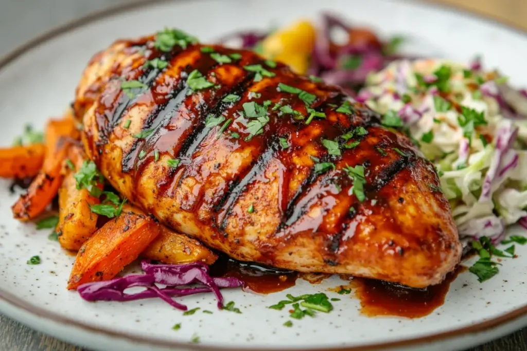 BBQ-style frozen chicken breast cooked in an air fryer served with roasted vegetables.