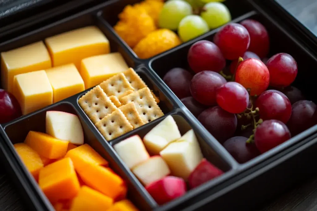 Bento box with cheese cubes, whole-grain crackers, grapes, and sliced apples.