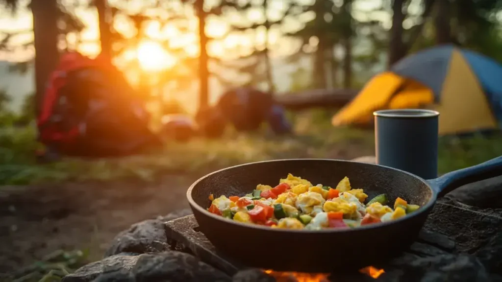 Camping breakfast cooking in a skillet over a campfire at sunrise