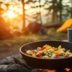 Camping breakfast cooking in a skillet over a campfire at sunrise