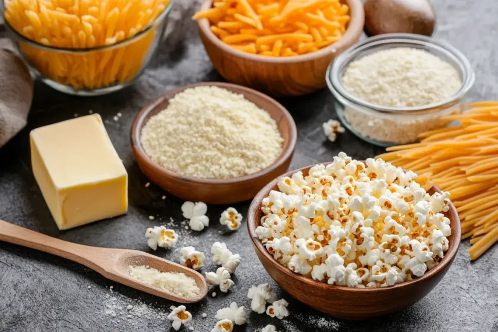 Ingredients for making caramel cheese popcorn, including popcorn kernels, butter, and cheddar cheese powder.