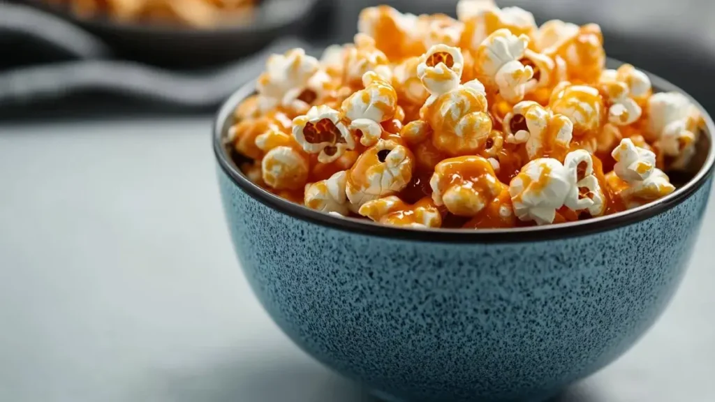 Bowl of caramel cheese popcorn with golden caramel and cheddar flavors.