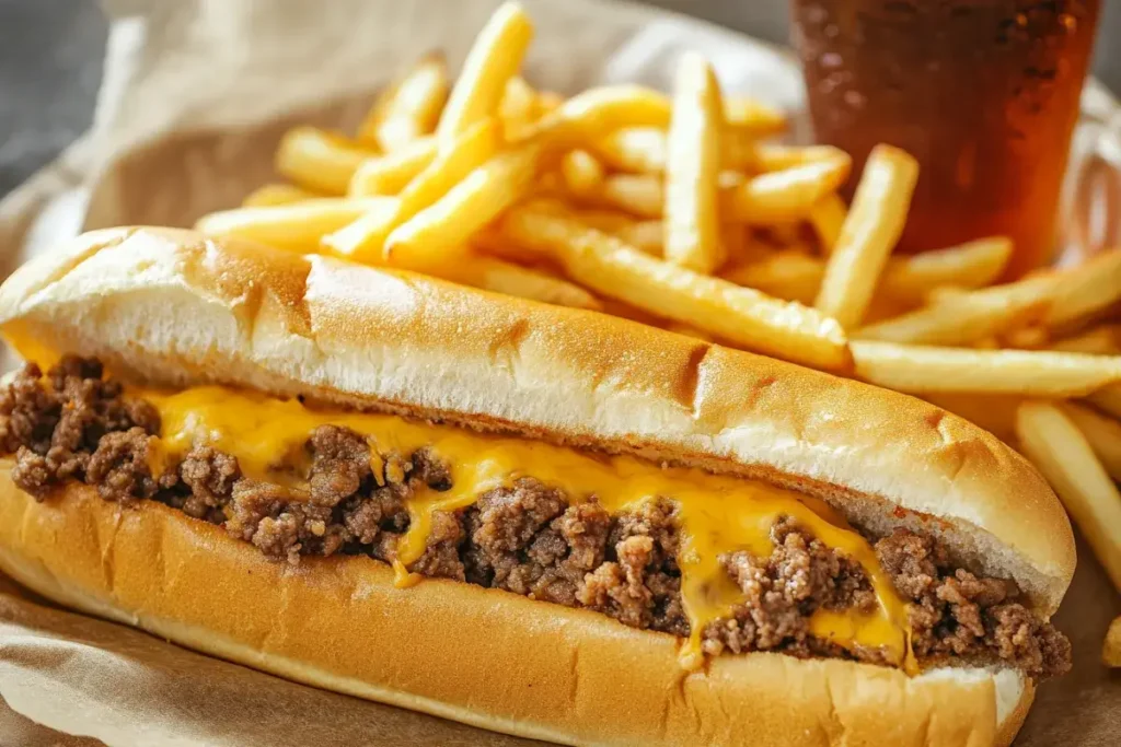 Chopped cheese sandwich served with French fries and a soda.