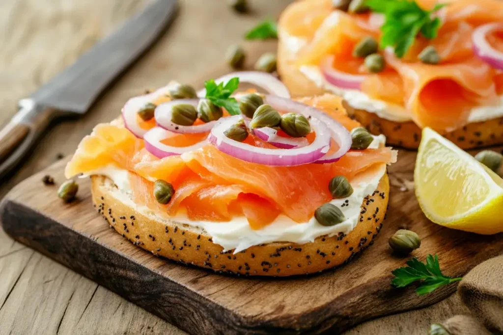 Bagel with cream cheese, smoked salmon, capers, and red onions