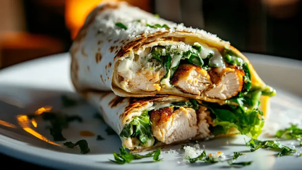 Chicken Caesar wrap with grilled chicken, romaine, Caesar dressing, and Parmesan