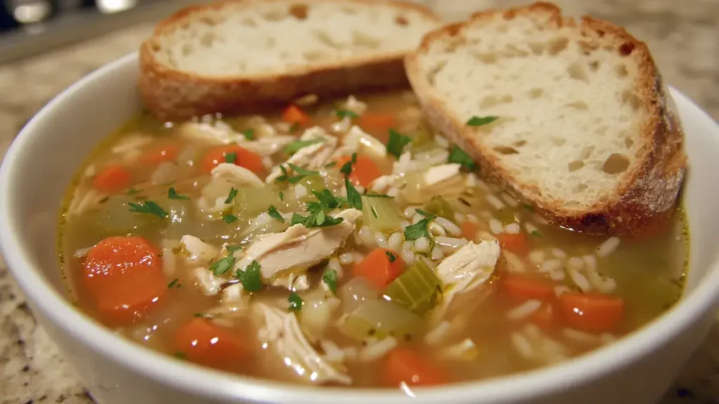 Bowl of homemade chicken and rice soup with parsley and crusty bread.