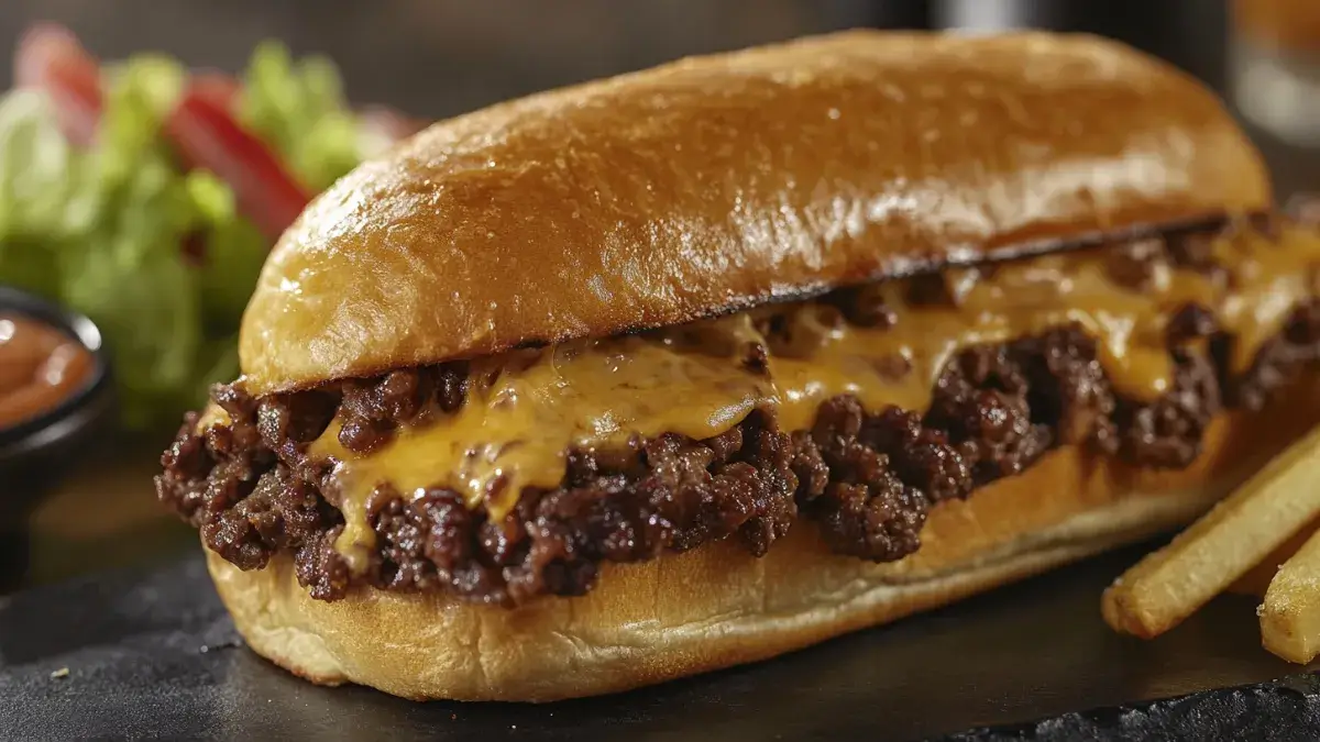 Chopped cheese sandwich with melted cheese, beef, lettuce, and tomato in a hoagie roll.