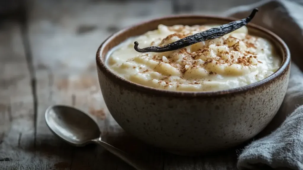 Classic creamy rice pudding in a bowl with cinnamon and vanilla garnish.