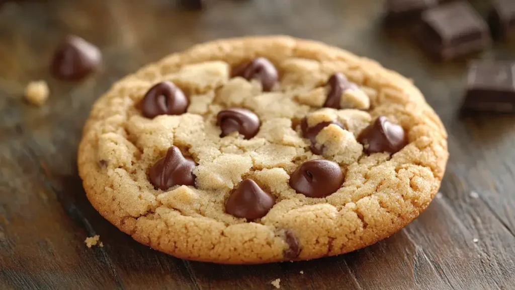 Crumbl Chocolate Chip Cookie close-up with melting chocolate chips on a wooden table.