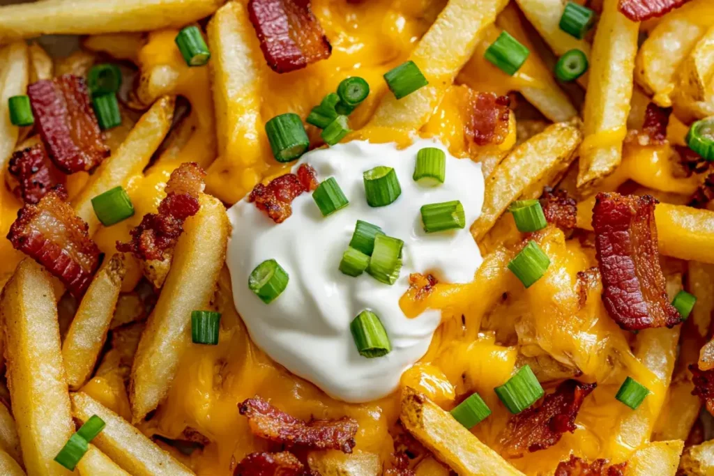 Classic loaded fries with melted cheddar, bacon, sour cream, and green onions.