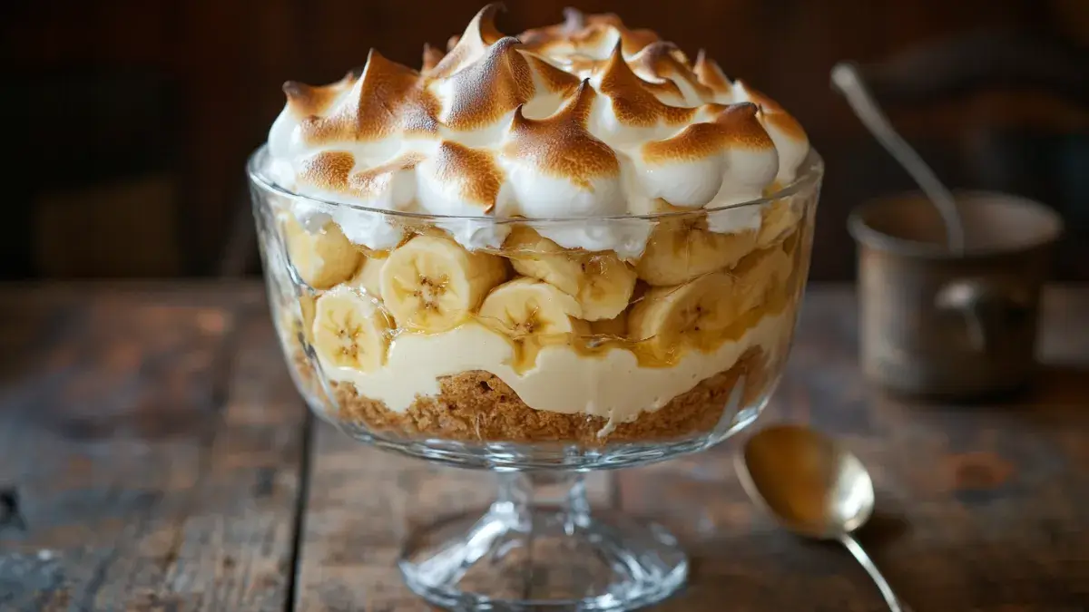 Southern banana pudding in a glass dish with layers of custard, bananas, and wafers.