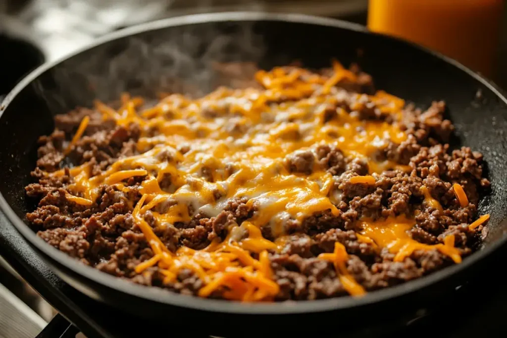 Chopped beef and melted cheese cooking on a skillet for a chopped cheese recipe.